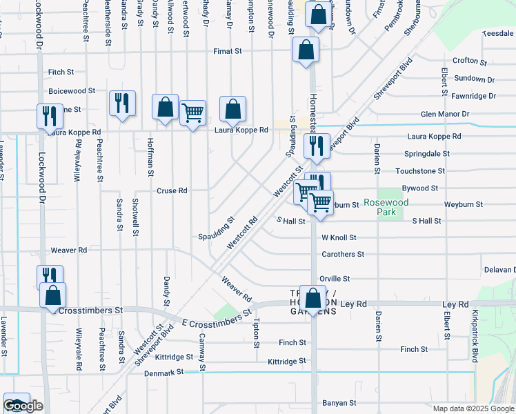 map of restaurants, bars, coffee shops, grocery stores, and more near 8409 Westcott Road in Houston