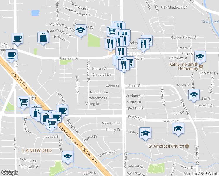 map of restaurants, bars, coffee shops, grocery stores, and more near 5619 Acorn Street in Houston