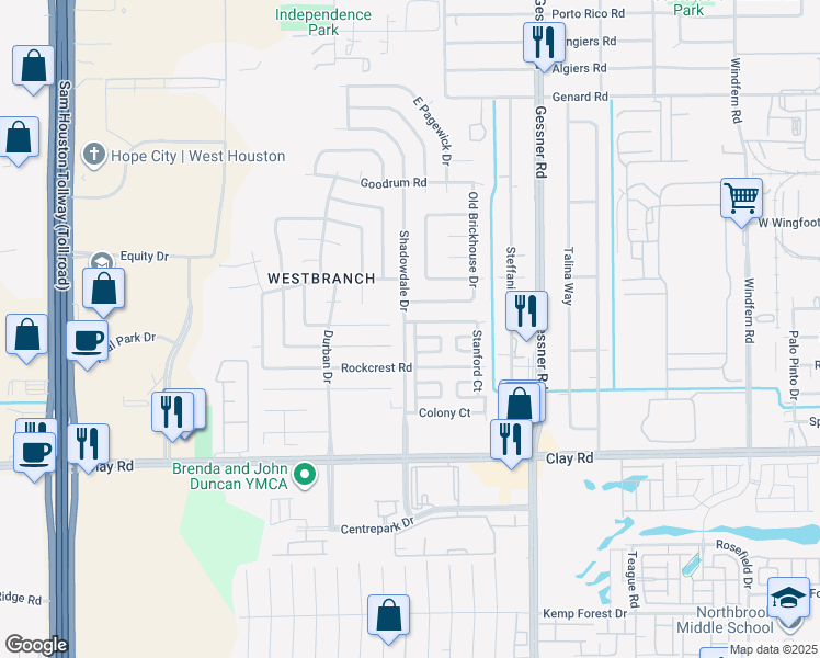 map of restaurants, bars, coffee shops, grocery stores, and more near 4529 Terrace Manor Drive in Houston