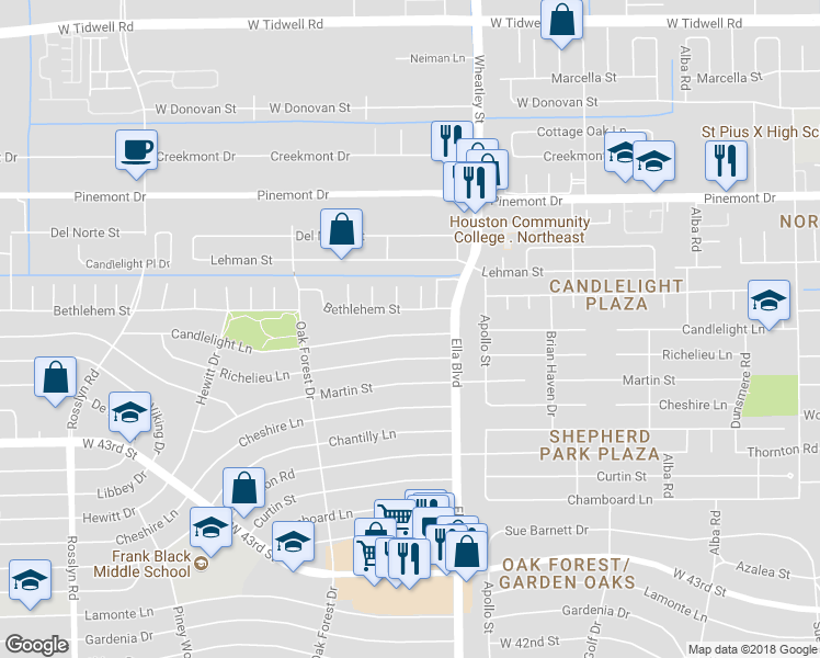 map of restaurants, bars, coffee shops, grocery stores, and more near 1236 Candlelight Lane in Houston