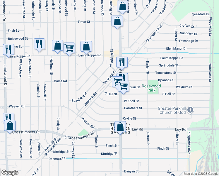 map of restaurants, bars, coffee shops, grocery stores, and more near 6906 Weyburn Street in Houston