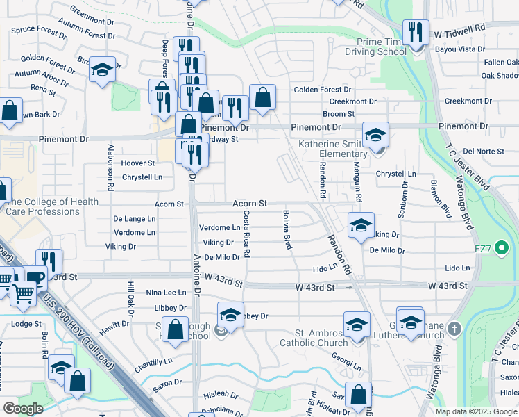 map of restaurants, bars, coffee shops, grocery stores, and more near 5210 De Lange Lane in Houston