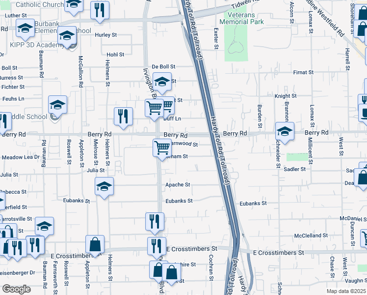 map of restaurants, bars, coffee shops, grocery stores, and more near 1210 Charnwood Street in Houston