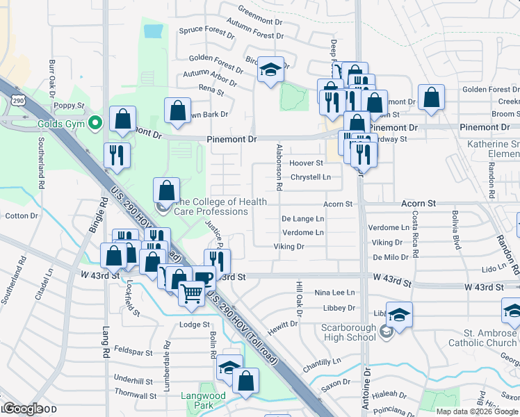 map of restaurants, bars, coffee shops, grocery stores, and more near 6023 Acorn Street in Houston