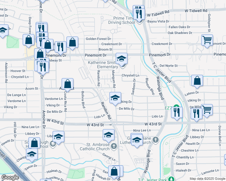 map of restaurants, bars, coffee shops, grocery stores, and more near 4906 Vista Village Lane in Houston