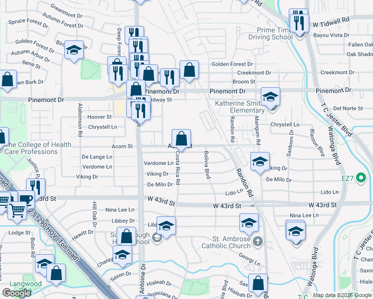 map of restaurants, bars, coffee shops, grocery stores, and more near 5210 De Lange Lane in Houston