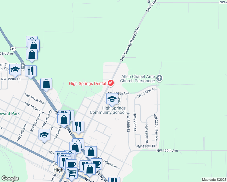 map of restaurants, bars, coffee shops, grocery stores, and more near 23335 Northwest County Road 236 in High Springs