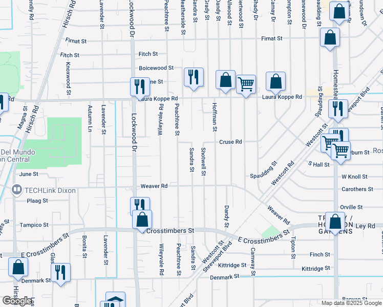 map of restaurants, bars, coffee shops, grocery stores, and more near 8401 Sandra Street in Houston