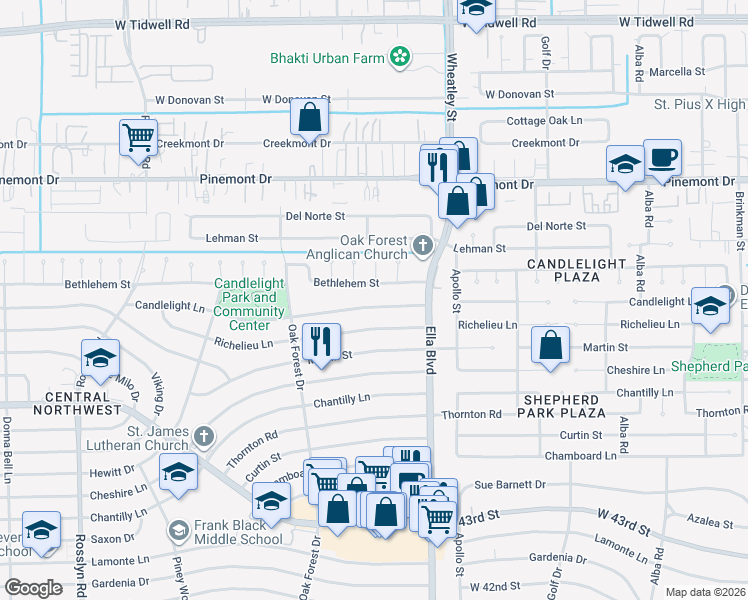 map of restaurants, bars, coffee shops, grocery stores, and more near 1236 Candlelight Lane in Houston