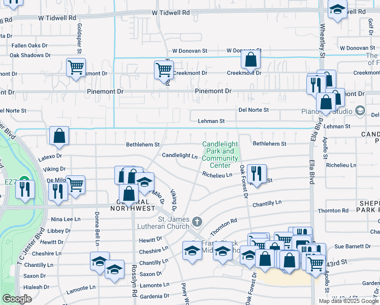 map of restaurants, bars, coffee shops, grocery stores, and more near 1630 Candlelight Lane in Houston