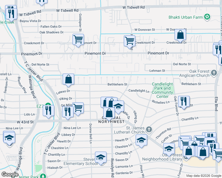 map of restaurants, bars, coffee shops, grocery stores, and more near 1838 Latexo Drive in Houston