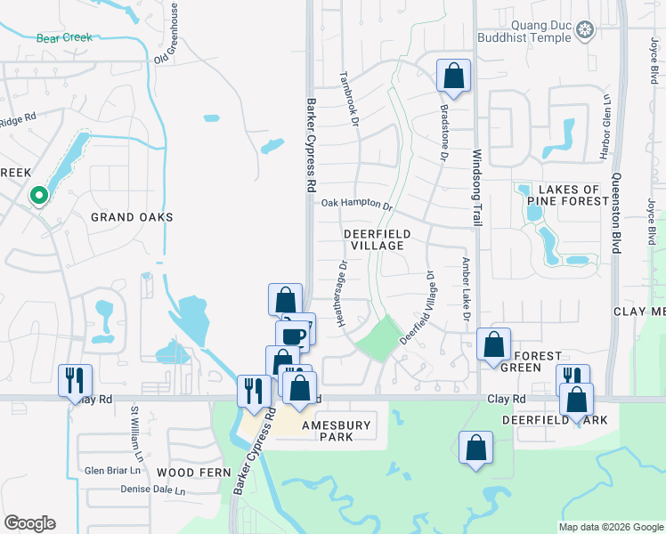 map of restaurants, bars, coffee shops, grocery stores, and more near 18307 Cransley Drive in Houston