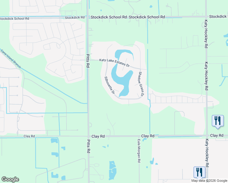 map of restaurants, bars, coffee shops, grocery stores, and more near 4606 Silhouette Drive in Katy