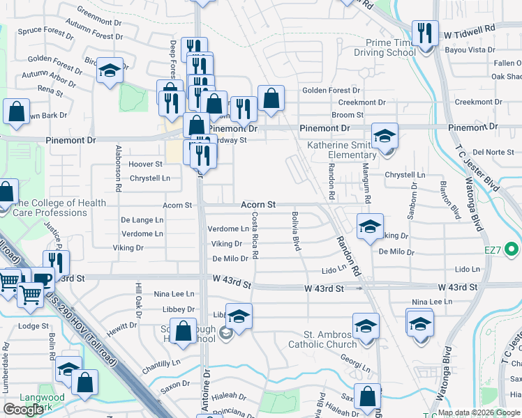map of restaurants, bars, coffee shops, grocery stores, and more near 5210 De Lange Lane in Houston