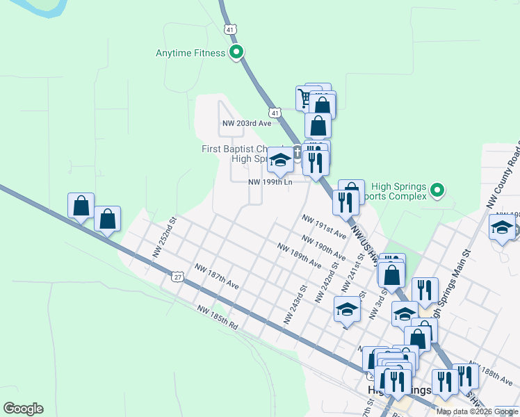 map of restaurants, bars, coffee shops, grocery stores, and more near 24709 Northwest 198th Road in High Springs