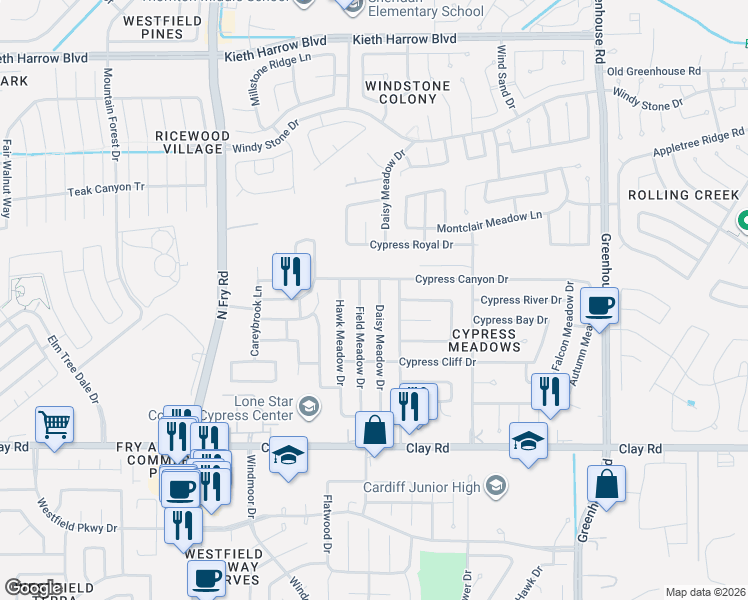 map of restaurants, bars, coffee shops, grocery stores, and more near 4422 Daisy Meadow Drive in Katy