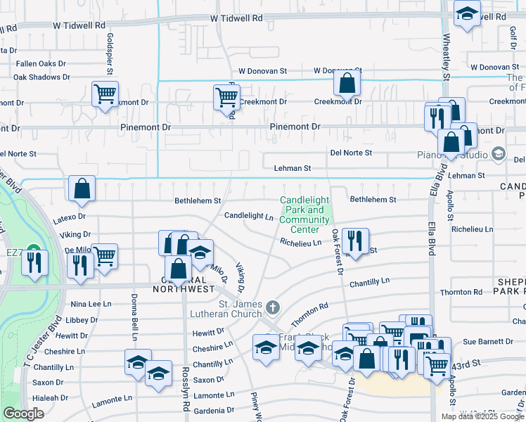 map of restaurants, bars, coffee shops, grocery stores, and more near 1630 Candlelight Lane in Houston