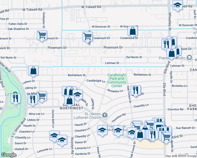 map of restaurants, bars, coffee shops, grocery stores, and more near 1630 Candlelight Lane in Houston