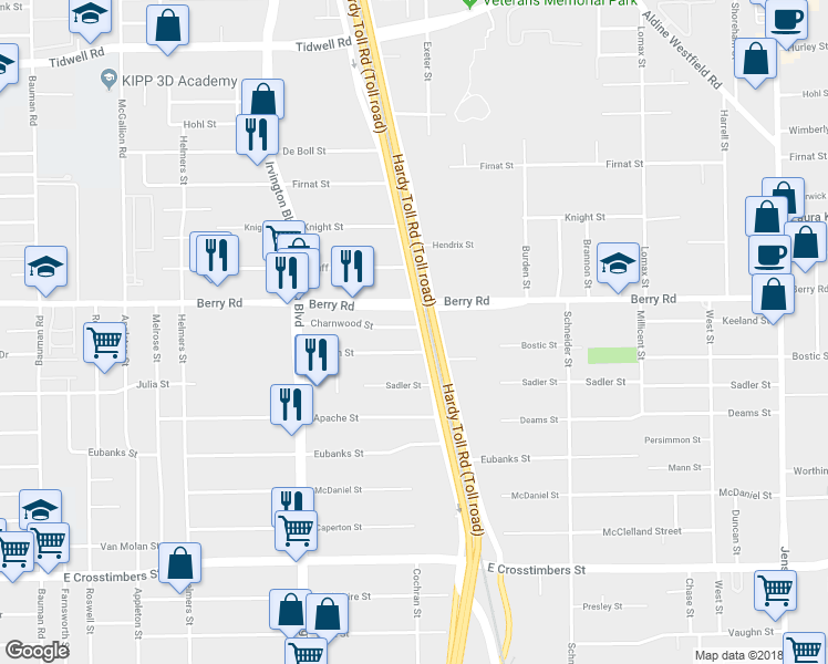 map of restaurants, bars, coffee shops, grocery stores, and more near 8419 West Hardy Road in Houston