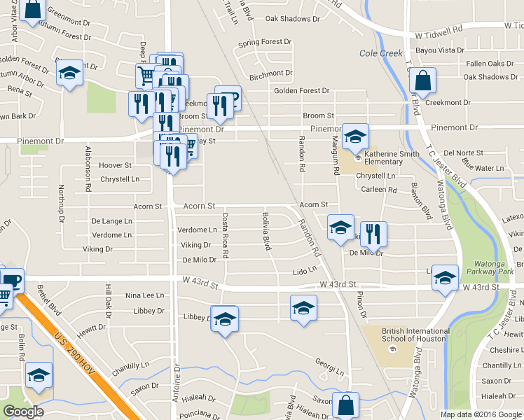 map of restaurants, bars, coffee shops, grocery stores, and more near 5102 De Lange Lane in Houston