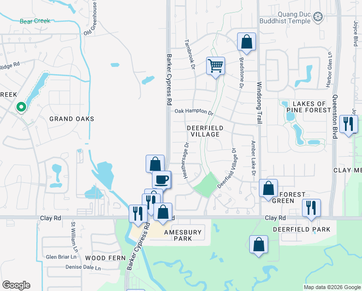 map of restaurants, bars, coffee shops, grocery stores, and more near 18307 Cransley Drive in Houston