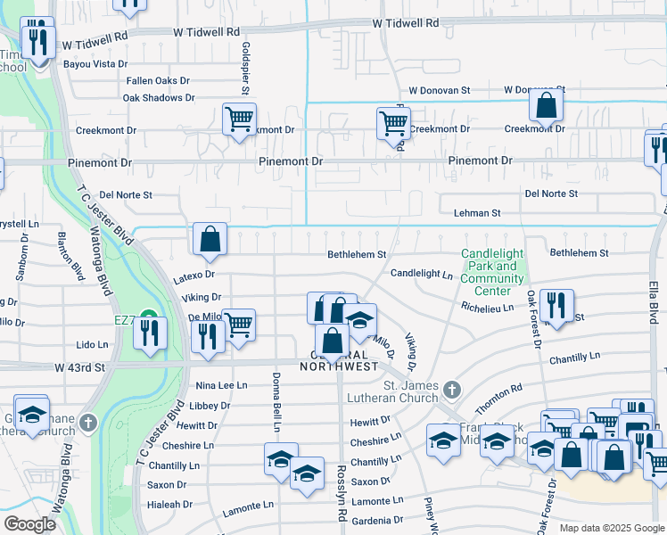 map of restaurants, bars, coffee shops, grocery stores, and more near 1838 Latexo Drive in Houston