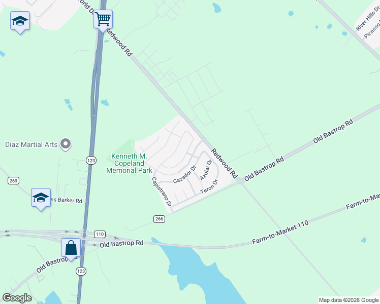 map of restaurants, bars, coffee shops, grocery stores, and more near 202 Valero Drive in San Marcos