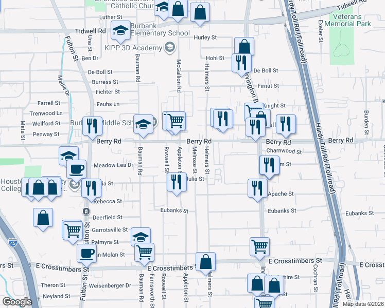 map of restaurants, bars, coffee shops, grocery stores, and more near 8309 Melrose Street in Houston
