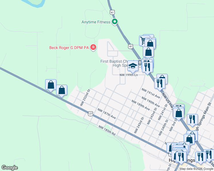 map of restaurants, bars, coffee shops, grocery stores, and more near 18905 Northwest 250th Street in High Springs