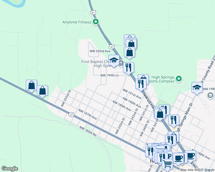 map of restaurants, bars, coffee shops, grocery stores, and more near 24709 Northwest 198th Road in High Springs