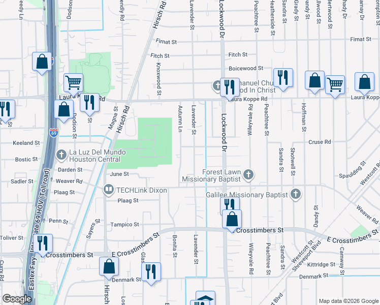 map of restaurants, bars, coffee shops, grocery stores, and more near 8308 Autumn Lane in Houston