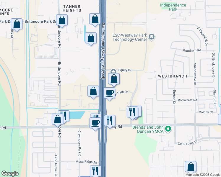 map of restaurants, bars, coffee shops, grocery stores, and more near 4700 West Sam Houston Parkway North in Houston