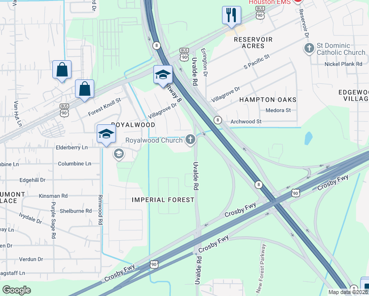 map of restaurants, bars, coffee shops, grocery stores, and more near 7803 Uvalde Road in Houston