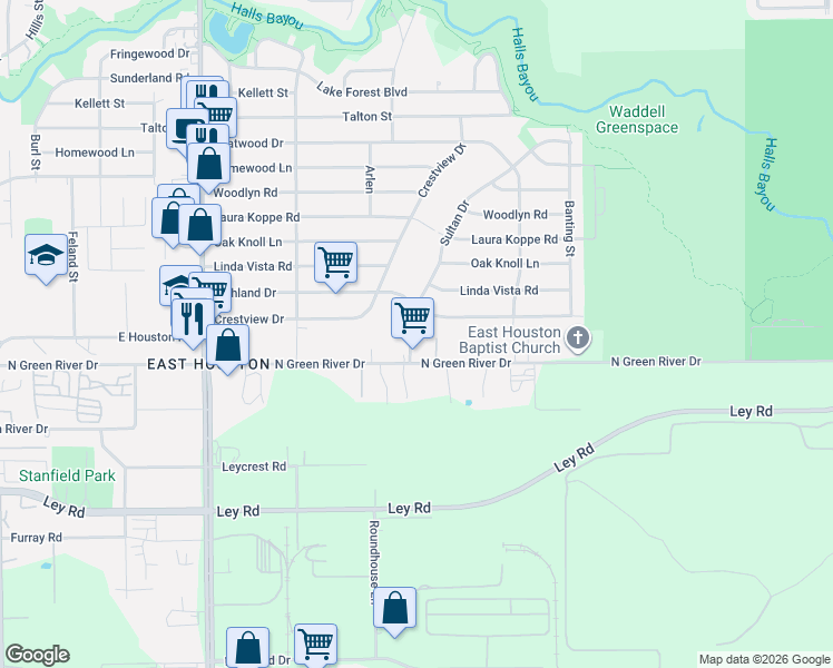 map of restaurants, bars, coffee shops, grocery stores, and more near 9115 North Green River Drive in Houston