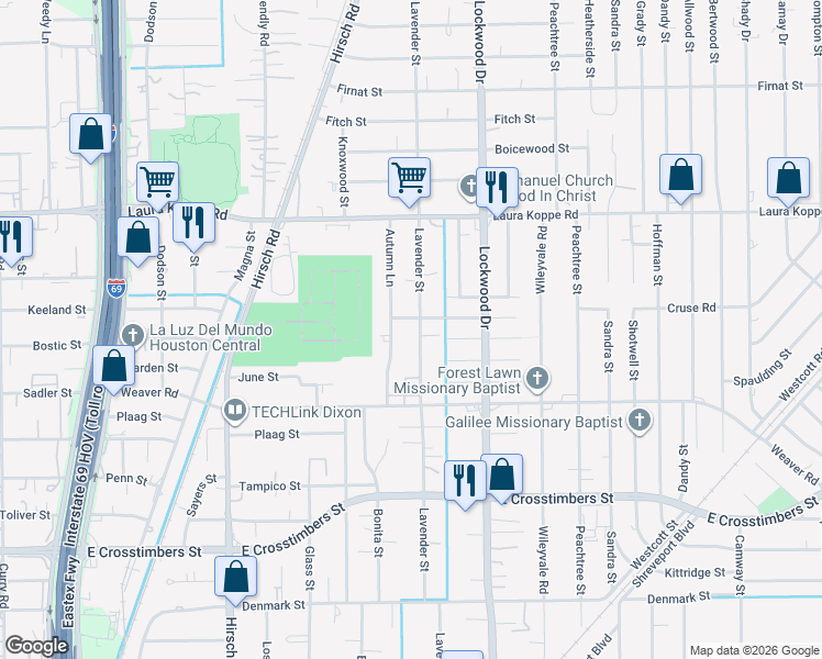 map of restaurants, bars, coffee shops, grocery stores, and more near 8308 Autumn Lane in Houston