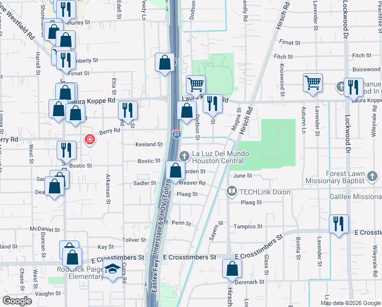 map of restaurants, bars, coffee shops, grocery stores, and more near 8410 Eastex Freeway in Houston