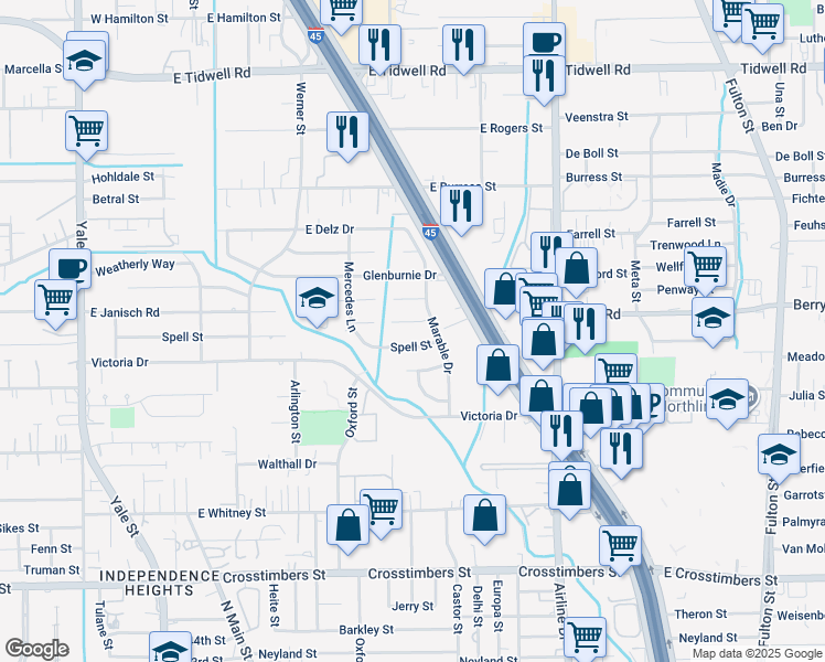 map of restaurants, bars, coffee shops, grocery stores, and more near 631 Spell Street in Houston