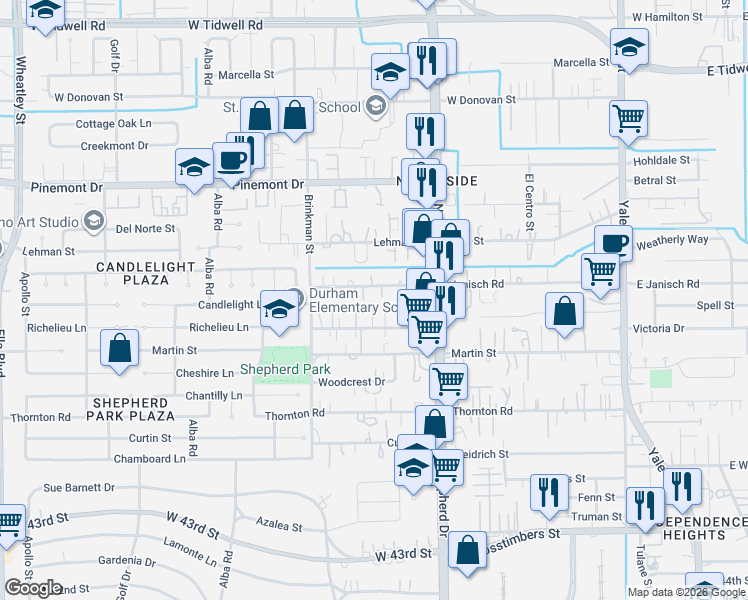 map of restaurants, bars, coffee shops, grocery stores, and more near 828 Oak Street in Houston