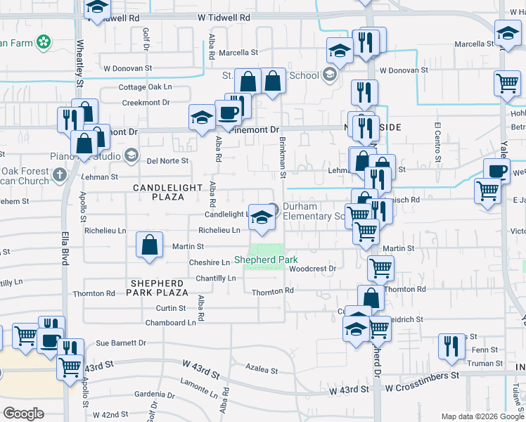 map of restaurants, bars, coffee shops, grocery stores, and more near 4903 Dunsmere Street in Houston