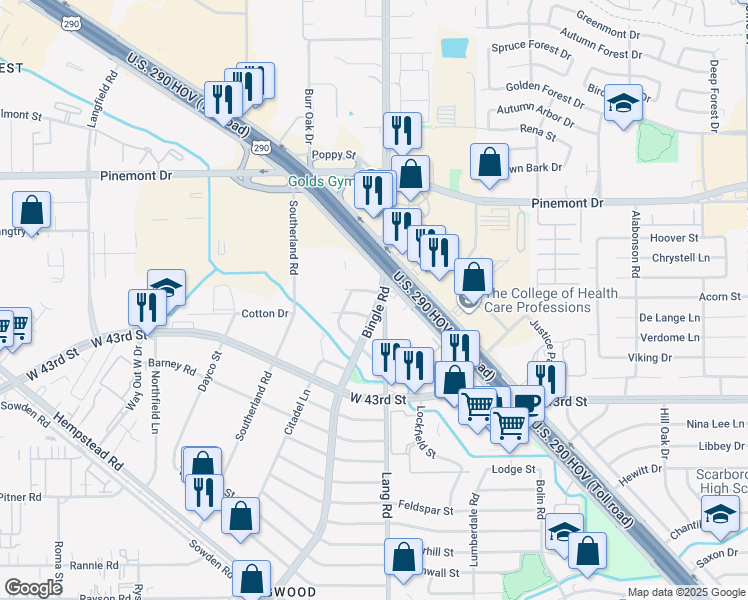 map of restaurants, bars, coffee shops, grocery stores, and more near 6710 Cotton Drive in Houston