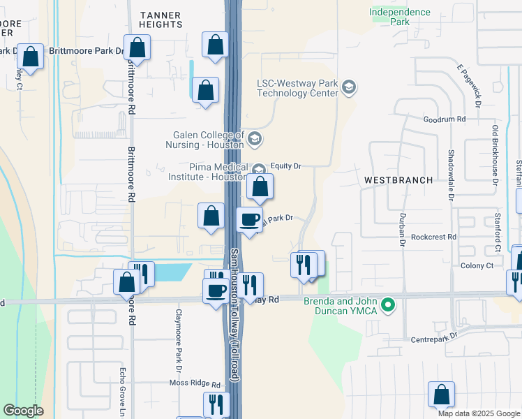 map of restaurants, bars, coffee shops, grocery stores, and more near 4700 West Sam Houston Parkway North in Houston