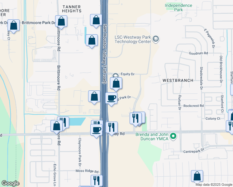 map of restaurants, bars, coffee shops, grocery stores, and more near 4700 West Sam Houston Parkway North in Houston