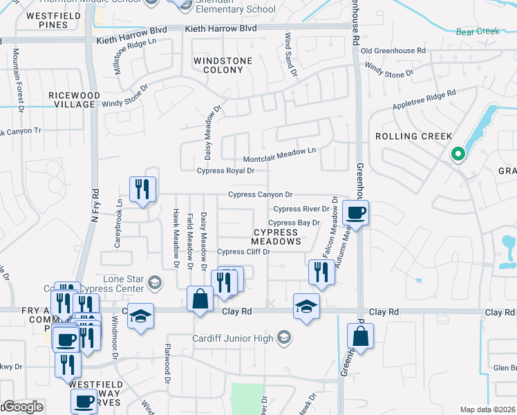 map of restaurants, bars, coffee shops, grocery stores, and more near 4418 Bunting Meadow Drive in Katy