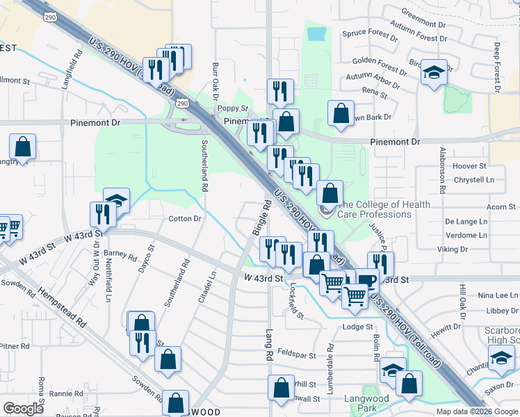 map of restaurants, bars, coffee shops, grocery stores, and more near 6710 Cotton Drive in Houston