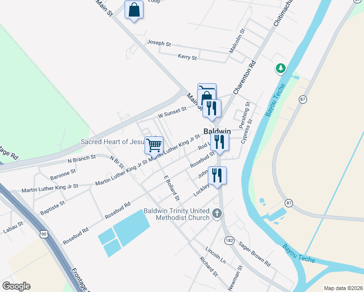 map of restaurants, bars, coffee shops, grocery stores, and more near 110 Knight Street in Baldwin