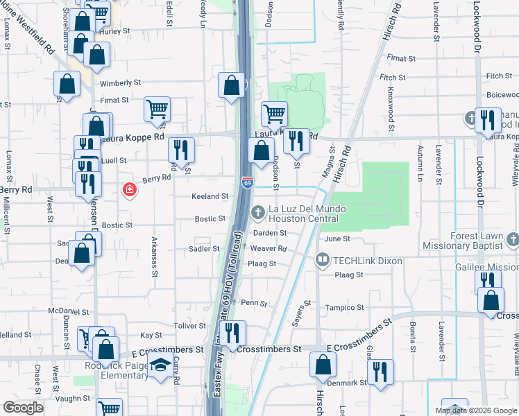 map of restaurants, bars, coffee shops, grocery stores, and more near 8410 Eastex Freeway in Houston