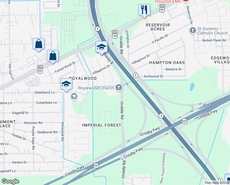 map of restaurants, bars, coffee shops, grocery stores, and more near 7803 Uvalde Road in Houston