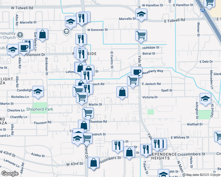 map of restaurants, bars, coffee shops, grocery stores, and more near 435 Janisch Road in Houston