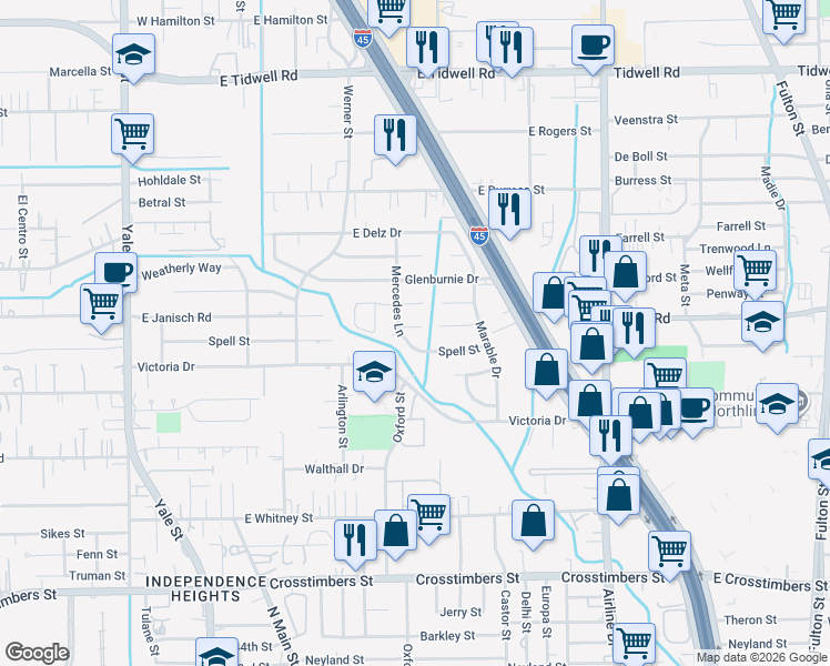 map of restaurants, bars, coffee shops, grocery stores, and more near 603 Spell Street in Houston