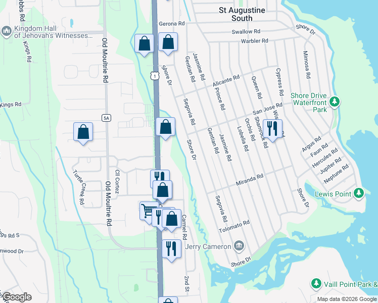 map of restaurants, bars, coffee shops, grocery stores, and more near 5251 Shore Drive in St. Augustine
